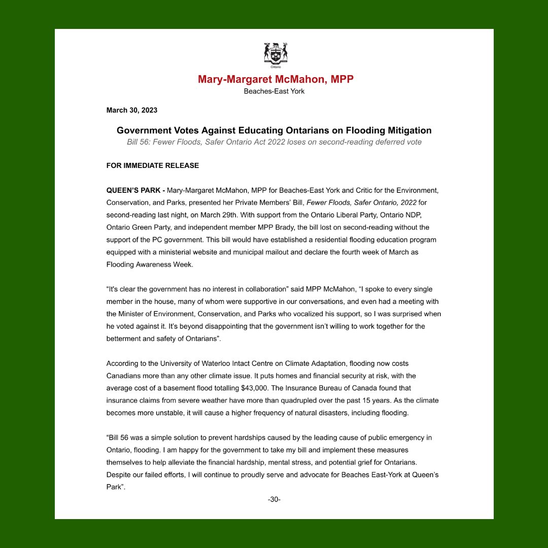 marymargaretbey's tweet photo. Please see my statement on my Private Members' Bill, Bill 56: Fewer Floods, Safer Ontario Act 2022 #Bill56 #onpoli #ontenviro #EmergencyPreparedness https://t.co/TxFlYJtJQZ