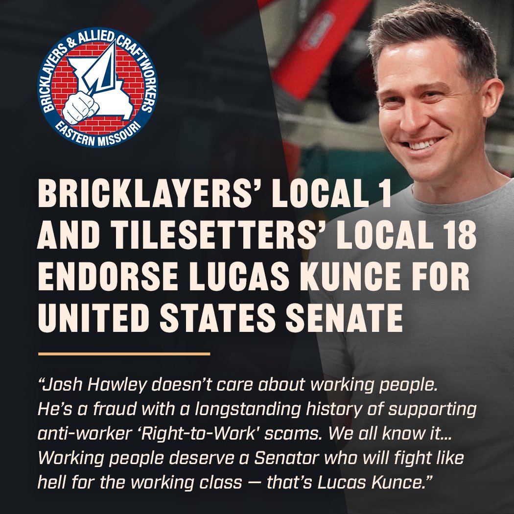 LucasKunceMO's tweet photo. Honored to have support from Bricklayers' Local 1 and Tilesetters' Local 18.

We're going to take back this US Senate seat so we can invest in workers, rebuild Missouri, and empower everyday people in our country. And we'll ban "Right-to-Work" scams nationwide forever. @BACADCSTL https://t.co/hHWzDLNu6M