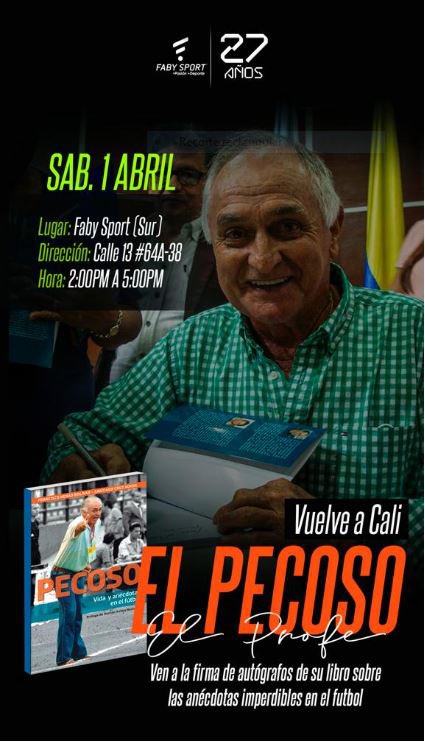 LibroDelPecoso's tweet photo. El Pecoso vuelve a Cali. El exDT de @AsoDeporCali y @AmericadeCali estará este sábado en @FabySport del sur (Calle 13 #64a-38) para la firma de los últimos ejemplares de su libro. https://t.co/8vlHV4c4Gg
