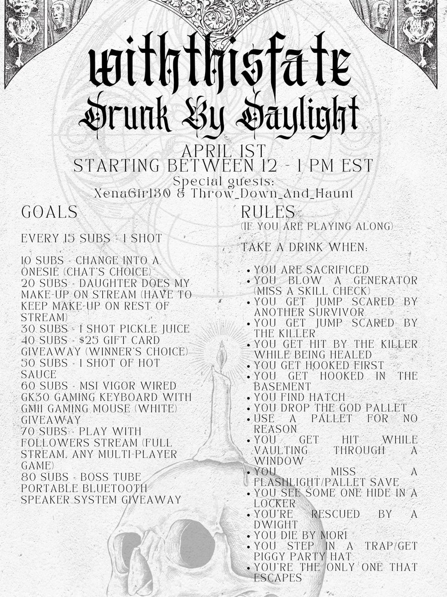 WithThisFate's tweet image. Join us this Saturday for my first Subathon stream. It'll be full of shenanigans, great fun and even some giveaways! I'll be joined by my husband and @Xenagirl30. Hope to see you there!