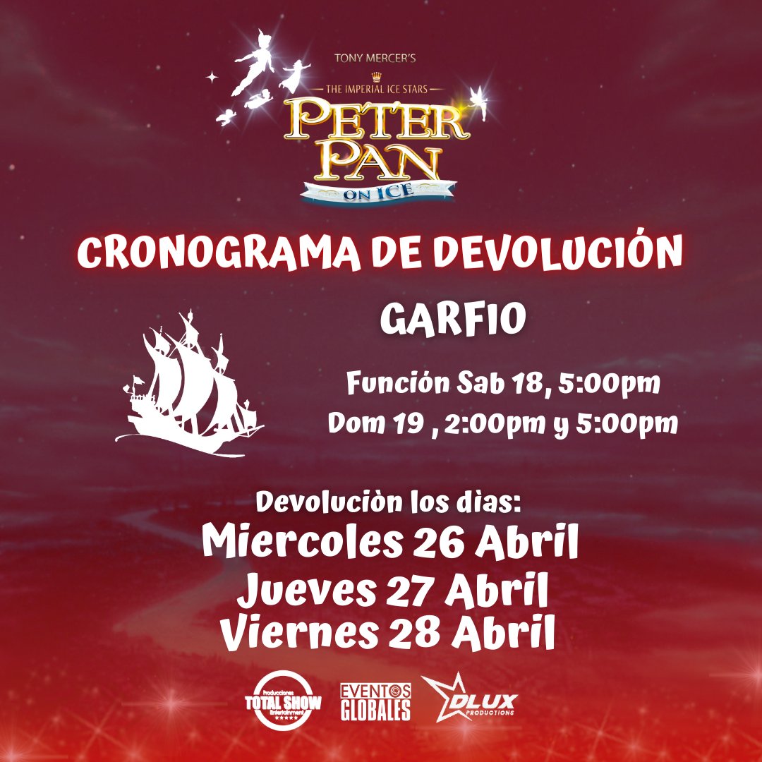 EventosGlo's tweet photo. ⚠️ CRONOGRAMA DE REEMBOLSO ⚠️ 
Área GARFIO
Cómo empresas serias que somos, anunciamos el cronograma para la devolución del dinero de las entradas adquiridas de Peter Pan ON ICE⭐ https://t.co/gPcZqFcGEu