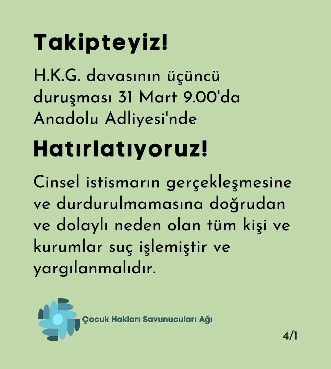 CocukIhd's tweet photo. H.K.G. davasının 3. duruşması 31 Mart Cuma günü 9:00'da Anadolu Adliyesi'nde görülecek.Cinsel istismarın gerçekleşmesine/durdurulmamasına doğrudan ve dolaylı şekilde neden olan tüm kişi ve kurumlar suç işlemiştir ve yargılanmalıdır.
#ÇocuklarİçinAdalet
#ÇocukİstismarınınAffıOlmaz https://t.co/jX9Gbt11oz