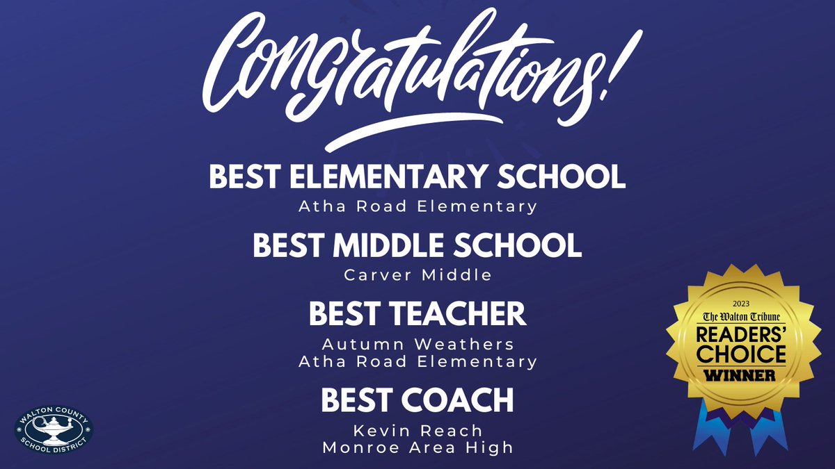 WCSD_GA's tweet photo. Congratulations to our Walton Tribune Readers' Choice winners! We are honored to have four different recognitions this year. #whywalton https://t.co/SctAM4DxDe