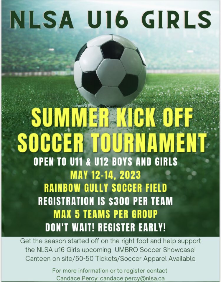 Hey U11/U12 Teams!  Great way to kick off your summer season!  Register early space is limited!  <a href="/SoccerNLSA/">NLSA</a> <a href="/FAA1899/">Feildians Athletic Association Challenge Cup</a> <a href="/PYSAInfo/">Paradise Soccer Club ⚽️</a> <a href="/MPSASoccer/">Mount Pearl Soccer Association</a> <a href="/St_Johns_Soccer/">St. John's Soccer Club</a> <a href="/PCSPMSA/">PCSP Soccer</a> <a href="/CBSSoccer1/">CBS Soccer</a> <a href="/BPSAsoccer/">BPSA</a>