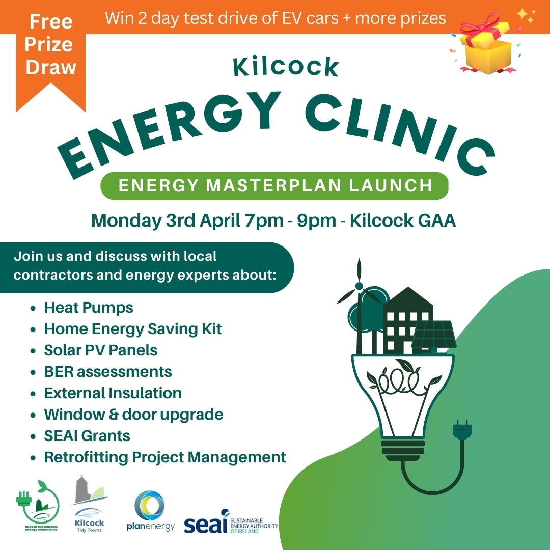Kilcocksec's tweet photo. Kilcock Energy Clinic 💡
Join us on the 3rd April - at the @KilcockGAA from 7- 9pm
Come to discuss with local contractors &amp; #energy experts the best ways to save energy at home.
FREE DRAW during the event🎁
#energyefficiency #energyforlife #energyclinic #ElectricCars #GreenEnergy https://t.co/pf3077DMBU
