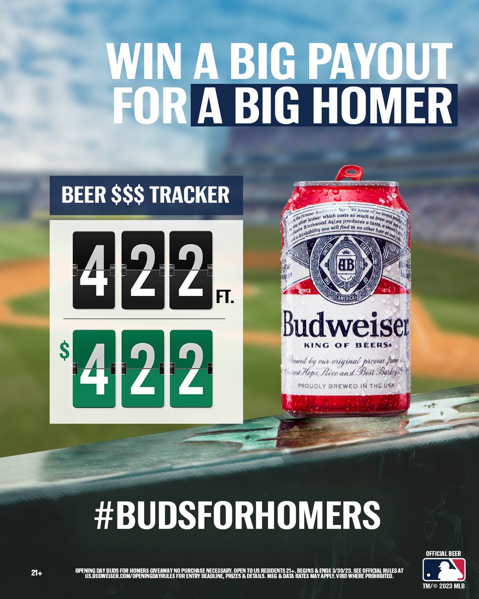 🚨FIRST PAYOUT OF THE SEASON🚨​ Who's thirsty for $422 in beer money? ​ Reply now with #BudsForHomers & #Sweepstakes for a chance to cash in on the game’s longest home run!