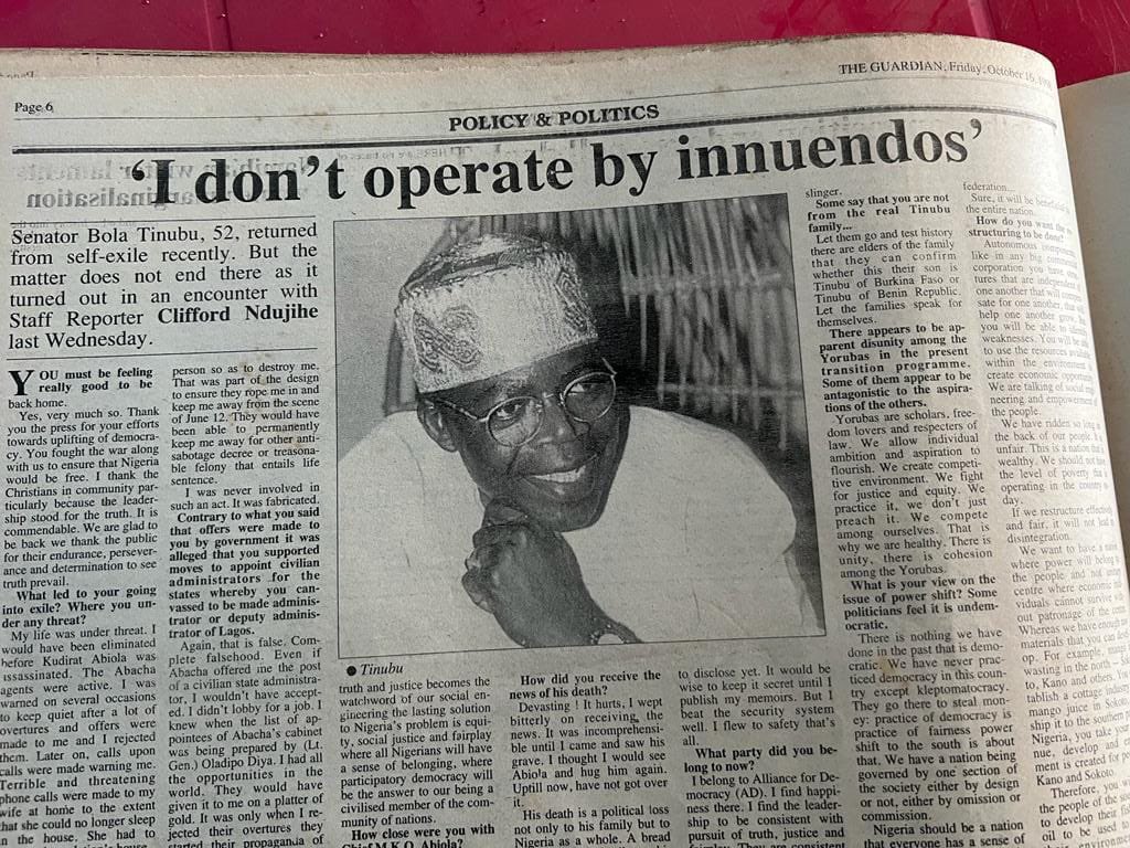 Please see the above Guardian newspaper of October 1998 which is still available at the National Library. It contains the interview granted by Tinubu on return from exile. His age was stated to be 52 years then in 1998. If one does the straight forward Arithemetic, it will…..