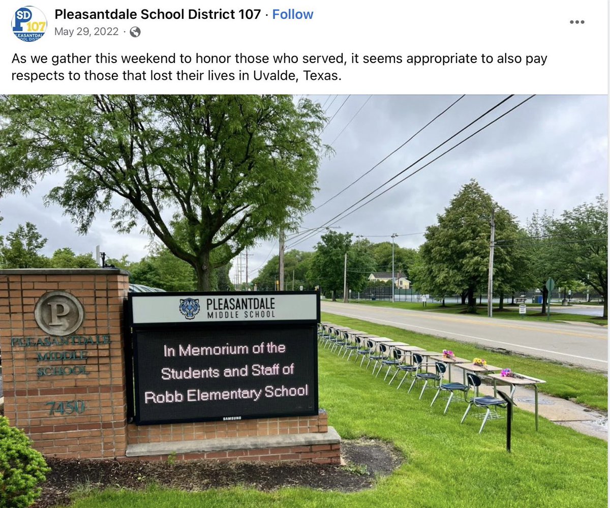 ShuveeIL's tweet photo. @Angry_Staffer Every time a school shooting takes place, my local middle school places empty desks on its front lawn. Here’s 6 for Nashville, 21 for Uvalde last May.
What a horrendous display….scaring children like this.

“IT HAS TO STOP!”? Then stop voting for Republicans! https://t.co/a3xkbCIbFr