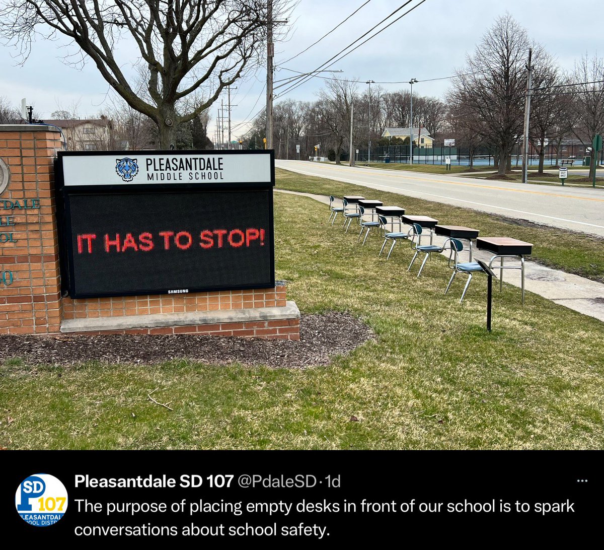 ShuveeIL's tweet photo. @Angry_Staffer Every time a school shooting takes place, my local middle school places empty desks on its front lawn. Here’s 6 for Nashville, 21 for Uvalde last May.
What a horrendous display….scaring children like this.

“IT HAS TO STOP!”? Then stop voting for Republicans! https://t.co/a3xkbCIbFr