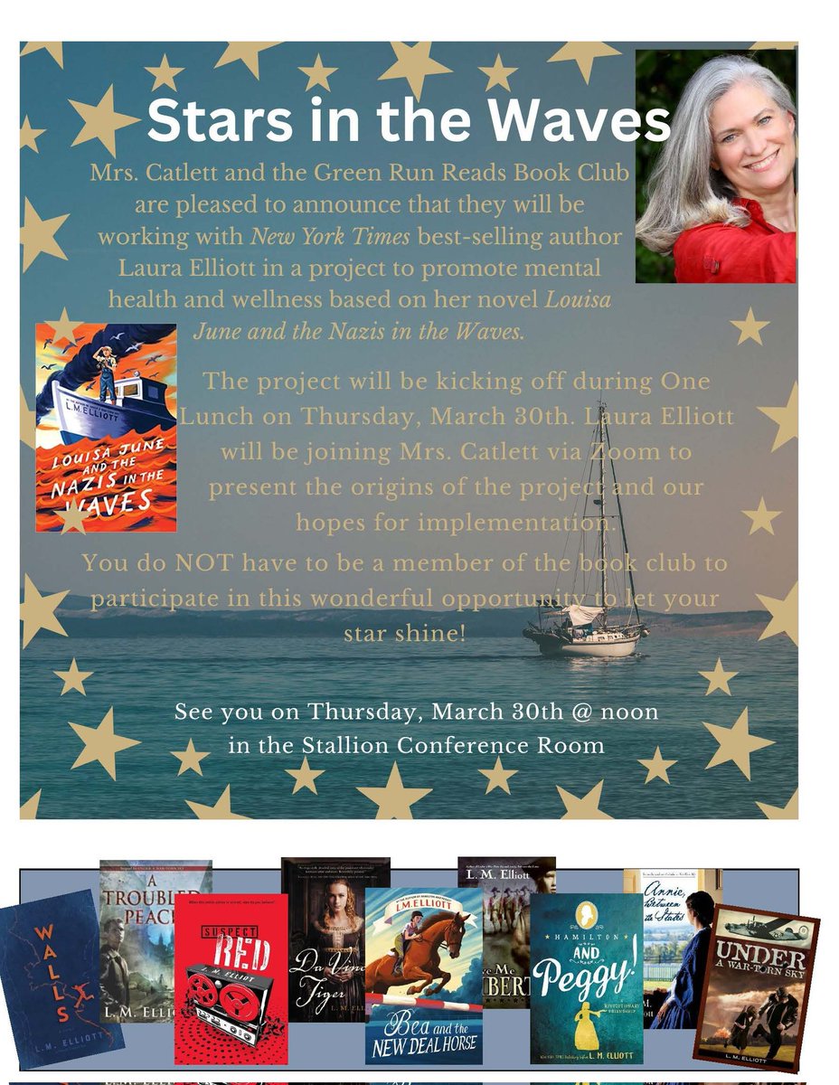 Wonderful One Lunch Zoom visit with <a href="/LMElliott57/">L.M. Elliott</a> today. She gave the <a href="/GreenRunReads/">Green Run Reads</a> book club a personal introduction to Louisa June and the Nazis in the Waves as we kicked off our Stars in the Waves project! <a href="/GRHS_Stallions/">Green Run Stallions</a> <a href="/grcollegiate/">Green Run Collegiate</a> <a href="/vblms/">Maha Elmachichi</a> <a href="/JennClementsVB/">Jennifer Clements</a> <a href="/JudyDeichman/">Judy Deichman</a>