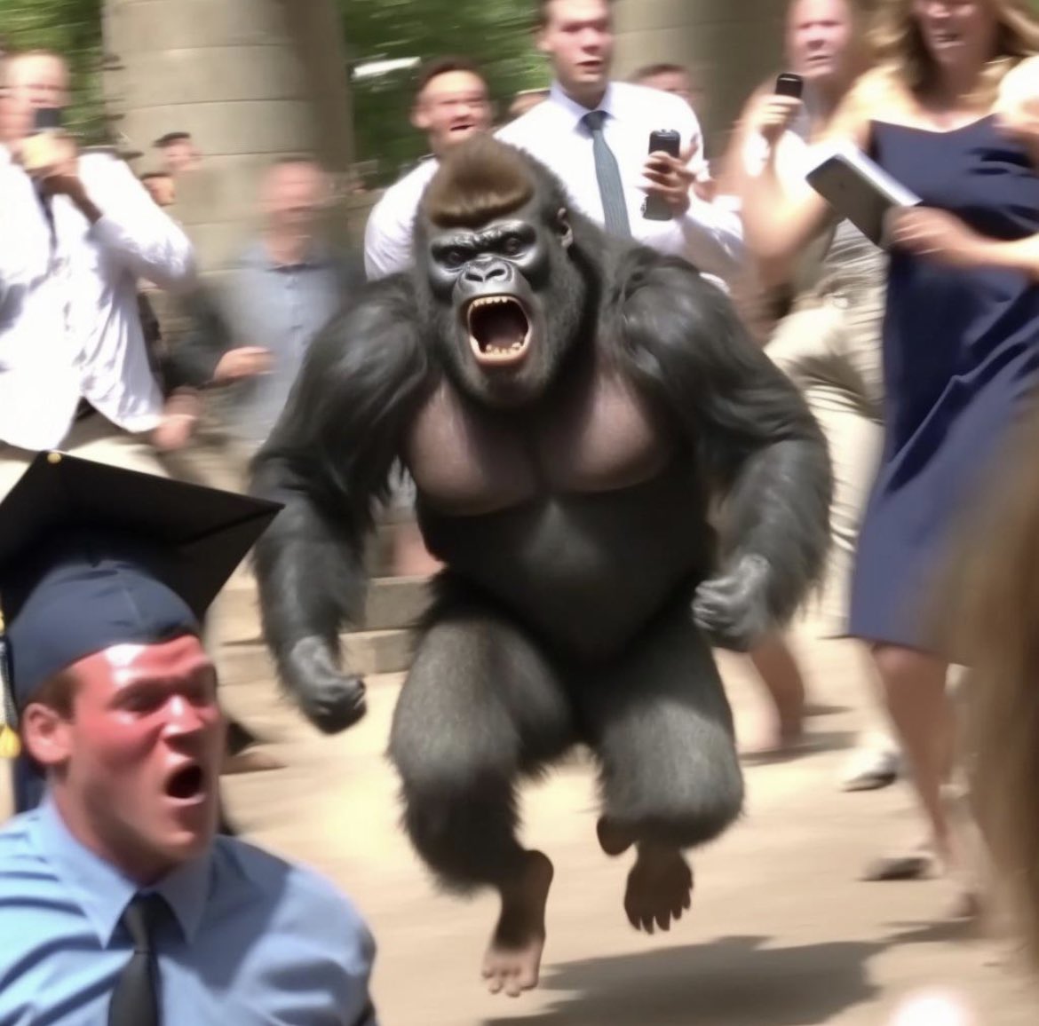 nocontextmemes's tweet image. Gorilla let loose on a High School Graduation.