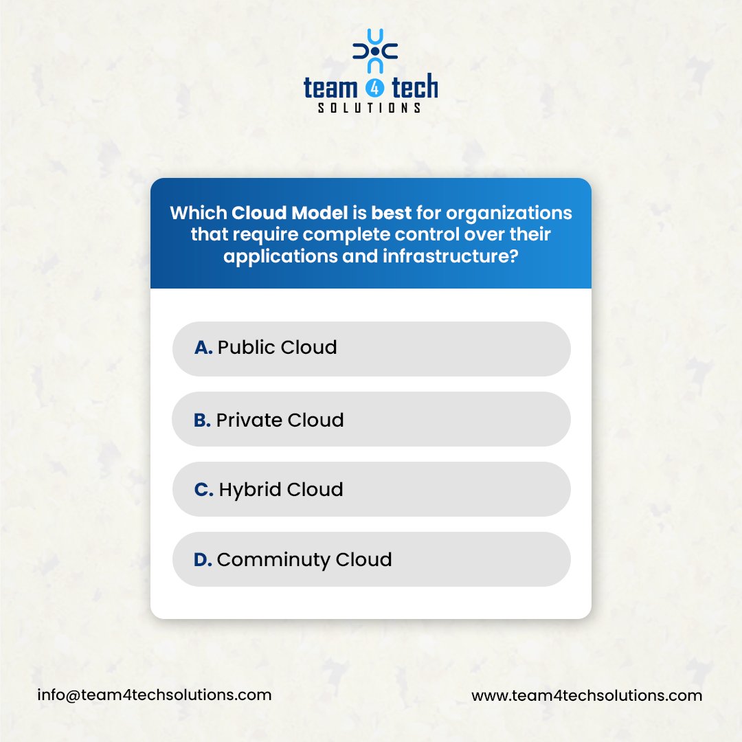 T4Tsolutions's tweet image. Which Cloud Model is best for organizations that require complete control over their applications and infrastructure?
The answer is Private Cloud.
#PrivateCloudSolutions #publiccloud #hybridcloud #cloud #comminutycloud 
info@team4techsolutions.com
team4techsolutions.com