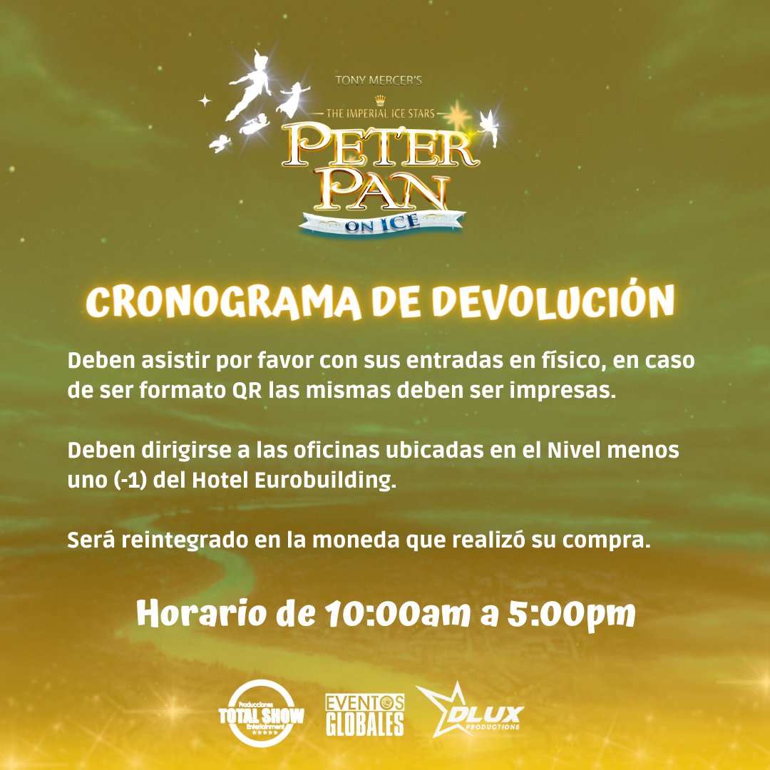 EventosGlo's tweet photo. ⚠️ CRONOGRAMA DE REEMBOLSO ⚠️ 
Área CAMPANITA
Cómo empresas serias que somos, anunciamos el cronograma para la devolución del dinero de las entradas adquiridas de Peter Pan ON ICE⭐ https://t.co/vnuNfi8jsj