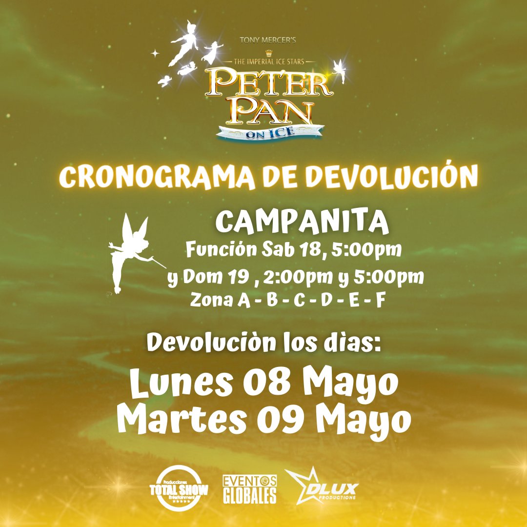 EventosGlo's tweet photo. ⚠️ CRONOGRAMA DE REEMBOLSO ⚠️ 
Área CAMPANITA
Cómo empresas serias que somos, anunciamos el cronograma para la devolución del dinero de las entradas adquiridas de Peter Pan ON ICE⭐ https://t.co/vnuNfi8jsj