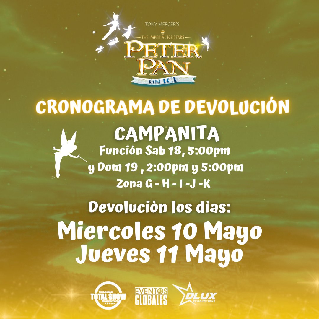 EventosGlo's tweet photo. ⚠️ CRONOGRAMA DE REEMBOLSO ⚠️ 
Área CAMPANITA
Cómo empresas serias que somos, anunciamos el cronograma para la devolución del dinero de las entradas adquiridas de Peter Pan ON ICE⭐ https://t.co/vnuNfi8jsj