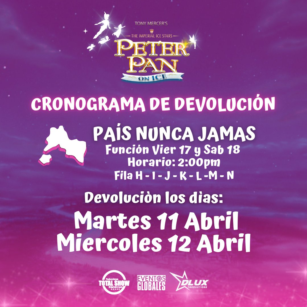 EventosGlo's tweet photo. ⚠️ CRONOGRAMA DE REEMBOLSO ⚠️ 
Área PAIS DE NUNCA JAMÁS 
Cómo empresas serias que somos, anunciamos el cronograma para la devolución del dinero de las entradas adquiridas de Peter Pan ON ICE⭐ https://t.co/kwSyLSXBly