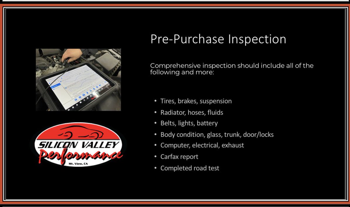 Silicon Valley Performance Pre-Purchase Inspection.  🧐

Don’t take chances before you make that used car purchase 💸
Have a qualified technician 👨‍🔧 inspect your car.

☎️ 650-428-1754
📧 service@svperform.com 

#svperformance #automotive #prepurchaseinspection #usedcar