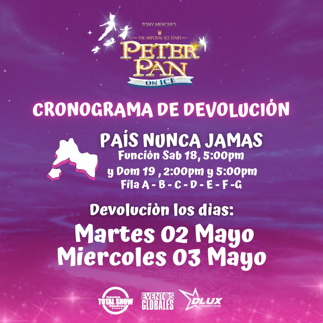 EventosGlo's tweet photo. ⚠️ CRONOGRAMA DE REEMBOLSO ⚠️ 
Área PAIS DE NUNCA JAMÁS 
Cómo empresas serias que somos, anunciamos el cronograma para la devolución del dinero de las entradas adquiridas de Peter Pan ON ICE⭐ https://t.co/aqSjWAaWpC