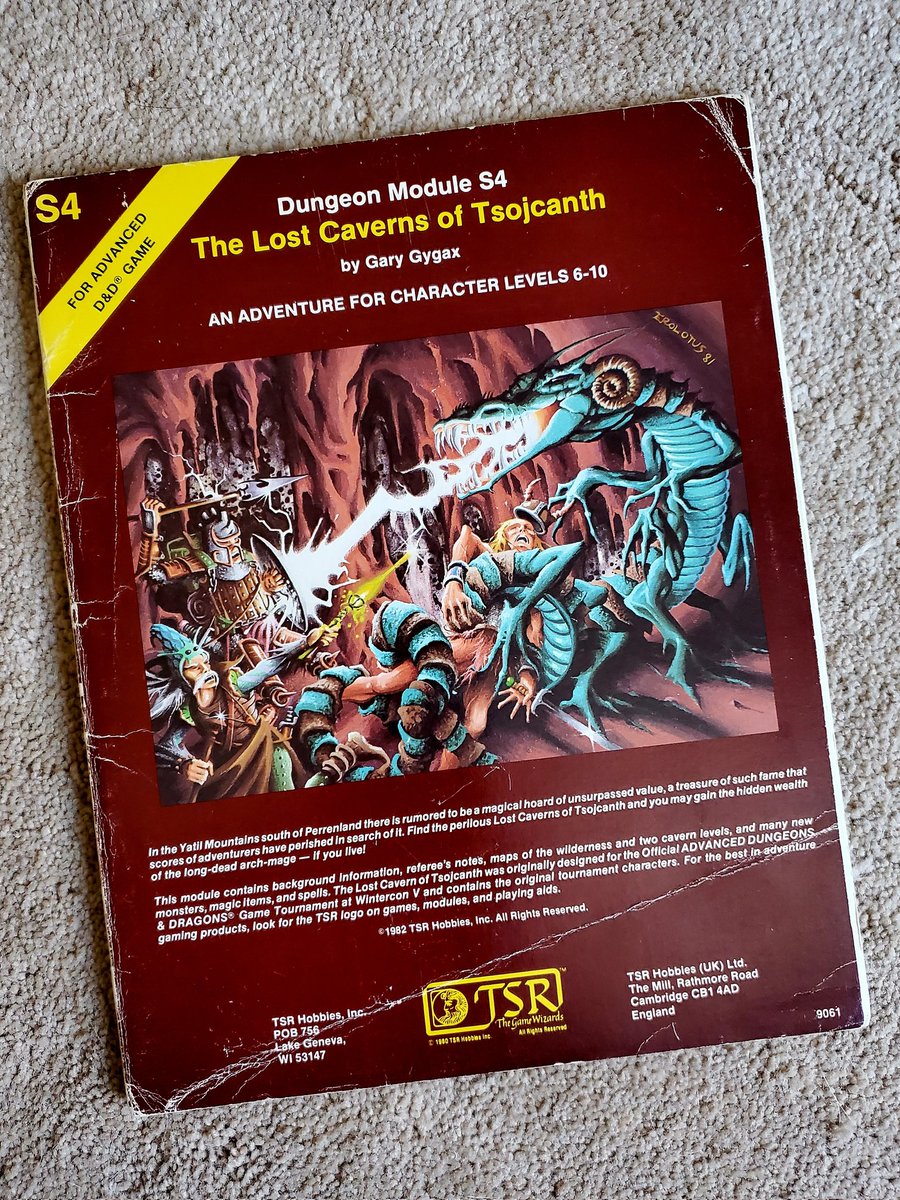 hyperborea576's tweet photo. "In the Yatil Mountains south of Perrenland there is rumored to be a magical hoard of unsurpassed value, a treasure of such fame that scores of adventurers have perished in search of it. Find the perilous Lost Caverns of Tsojcanth and you may gain the hidden wealth of the long dead arch-mage—if you live!"

This is my original copy of The Lost Caverns of Tsojcanth that I ran for the other neighborhood kids when I was a teenager.  It's still, IMO, the very best of the best. 

#rpg #ttrpg #garygygax #advanceddungeonsanddragons
