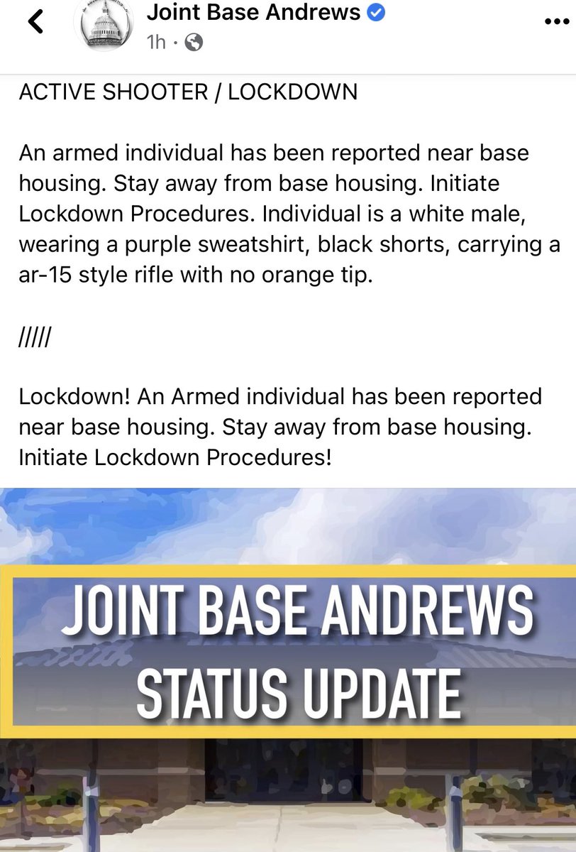 Possible active shooter situation right now at Joint Base Andrews. An armed man was seen with a rifle wearing purple sweatshirt and black shorts. <a href="/fox5dc/">FOX 5 DC</a> is following all developments.