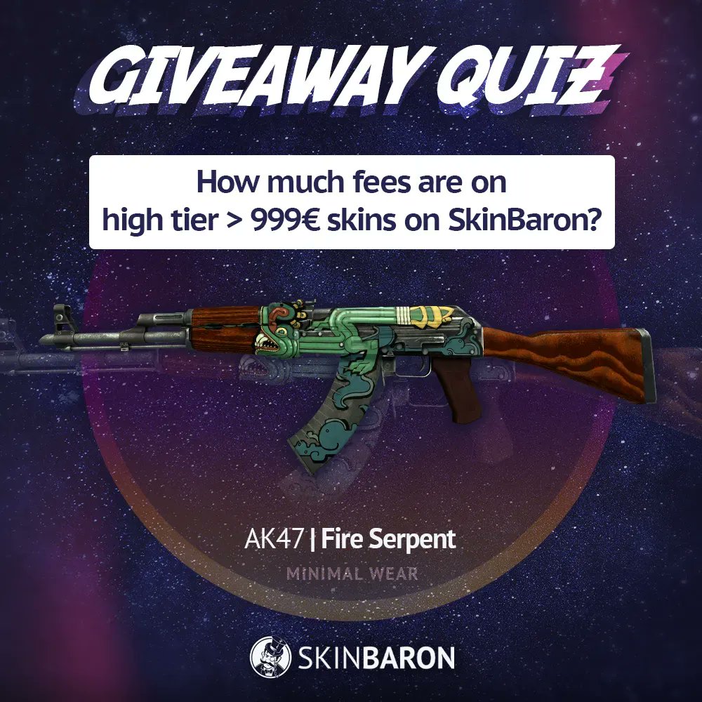 SkinBaronDE's tweet image. Unter allen richtigen Antworten verlosen wir diese AK-47 | Fire Serpent! 😍

Mitmachen:
✅ Folge @SkinBaronDE &amp;amp; @SkinBaronEN
✅ Retweet
✅ Kommentiere die richtige Antwort

Das Giveaway endet am 15.04.2023 ⏰

PS: Ich bin mir sicher, mehr als 2% von euch kennen die Antwort. 😉