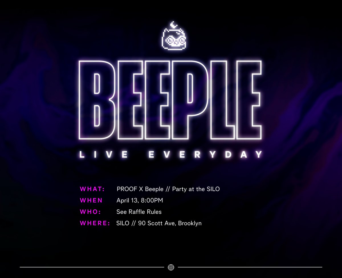 It’s time. PROOF will be hosting the one and only <a href="/beeple/">beeple</a> in Brooklyn on April 13! The Beeple Live Everyday event is for holders, and we only have room for 400 people. 

If you'll be at NFT NYC, keep reading to learn how to win a ticket to this exclusive event: ⬇️