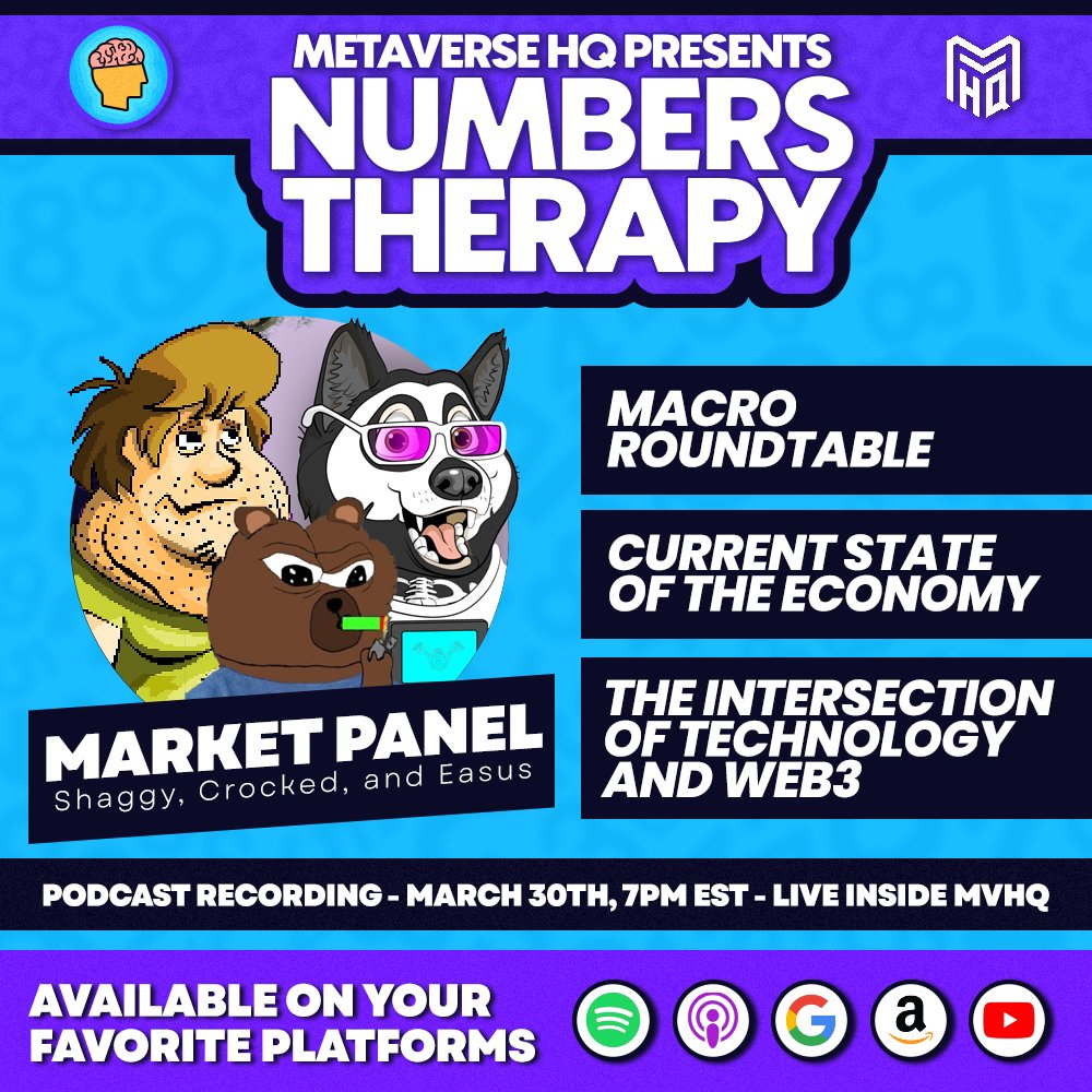 NumbersTherapy's tweet photo. Today we welcome Shaggy, @crocked44, and @EasusJ for a Market Panel!
Join @aslokir for a macro-focused roundtable as they discuss the current state of the economy while also touching on the intersection of tech & web3.
Grab a coffee & tune in at 7PM ESTโ#NumbersTherapy https://t.co/BvrZV8BiXt