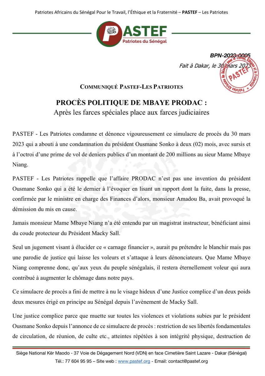 elmaalignjaay's tweet photo. Communiqué du Bureau Politique National de @PastefOfficiel sur le simulacre de procès.

Le combat continue pour pa libération des otages politiques.
#senegal
#FreeSenegal
@SonkoOfficiel https://t.co/1djYwfrsJ7