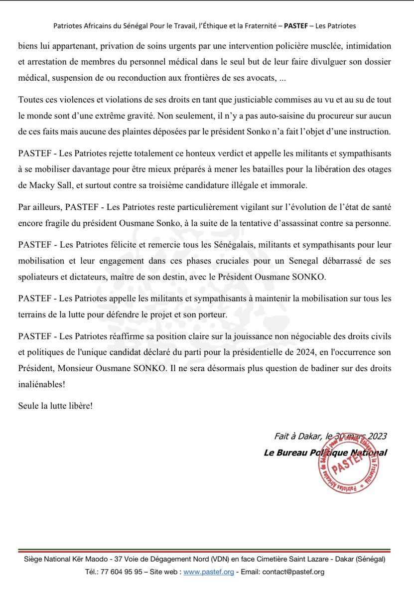 elmaalignjaay's tweet photo. Communiqué du Bureau Politique National de @PastefOfficiel sur le simulacre de procès.

Le combat continue pour pa libération des otages politiques.
#senegal
#FreeSenegal
@SonkoOfficiel https://t.co/1djYwfrsJ7