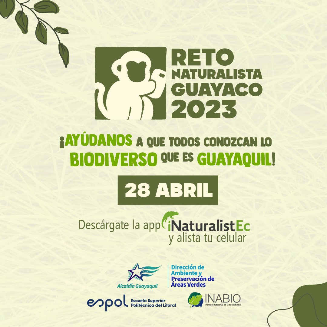 ¡Separa la fecha! 📆
Se viene el evento donde tú nos ayudarás a dar a conocer lo biodiverso que es #Guayaquil 🦜🌳
Serán 4 días para concursar mundialmente y lograr ser la ciudad con más registros.
📲 Alista tu celular bajando la app iNaturalist, pronto te daremos más detalles.