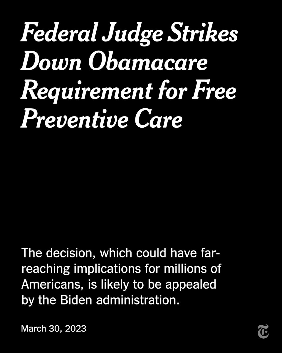 A federal judge in Texas issued a far-reaching ruling on Thursday that prevents the Biden administration from enforcing a provision of the law that provides patients with certain types of free preventive care, including screenings for cancer and diabetes. nyti.ms/3G5zdNP