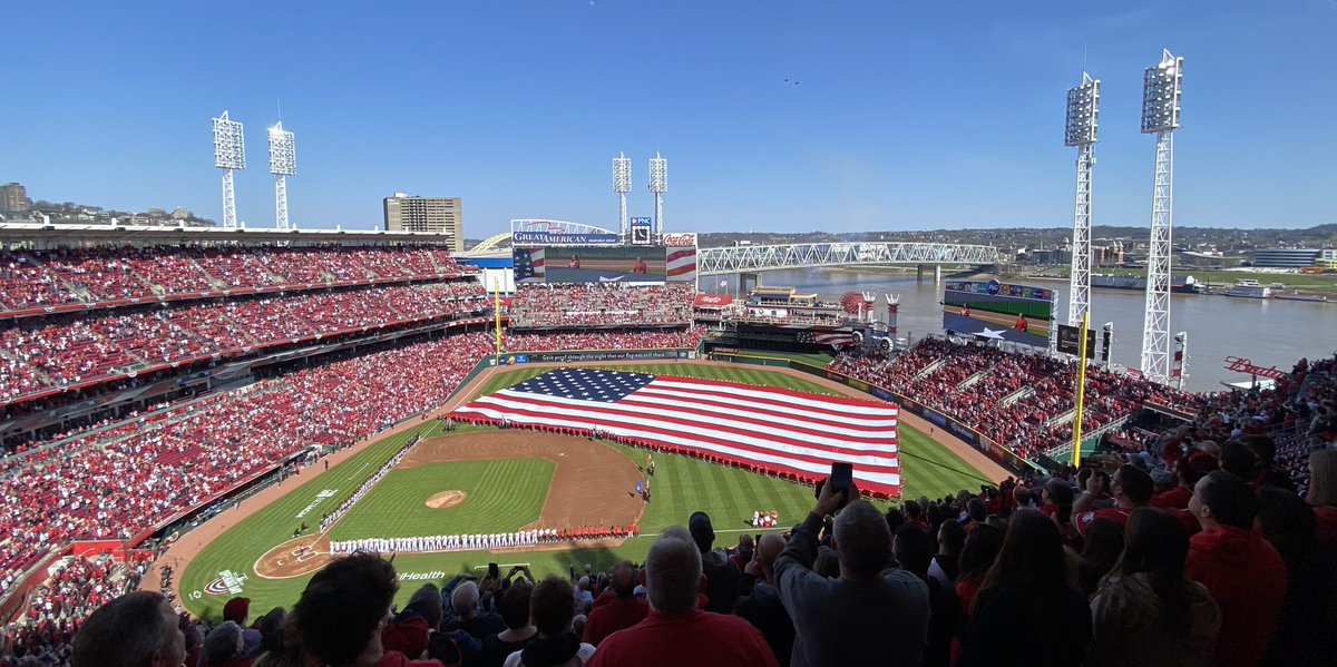 DailyDroning's tweet photo. My favorite day every year! Reds Opening Day! Love the roar of the F16 flyover.  Remember, no drones from an hour before to an hour after the game.  @Reds #RedsOpeningDay https://t.co/8aM2cF2pYB