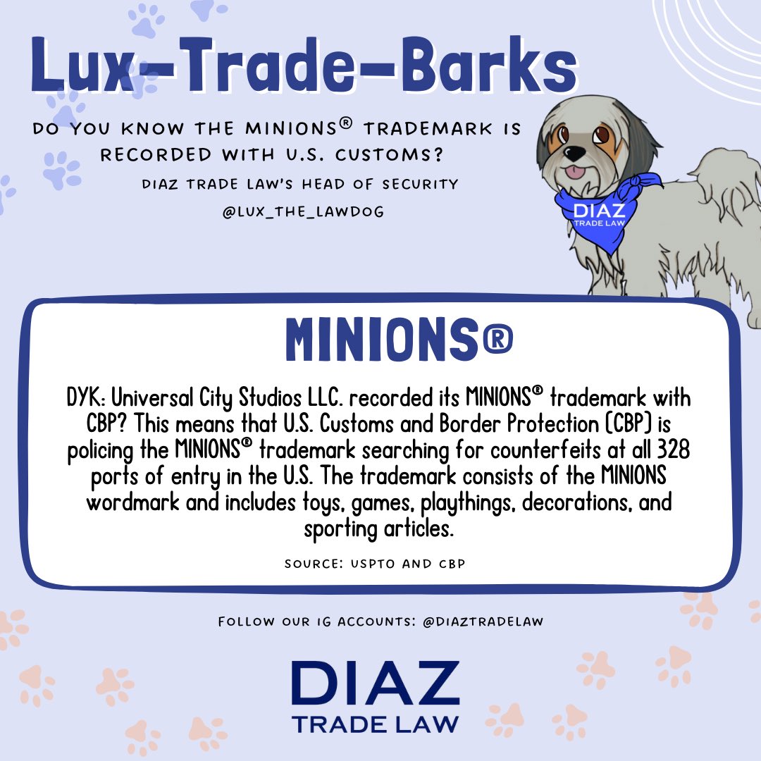 DiazTradeLaw's tweet photo. DYK: Universal City Studios LLC. recorded its MINIONS® trademark with CBP?
Want CBP to actively protect your trademark? Give us a call 305-456-3830 or email info@diaztradelaw.com to learn more!
#YourCustomsExpert #DiazTradeLaw #DTLRocks https://t.co/Jz9jt6nj69
