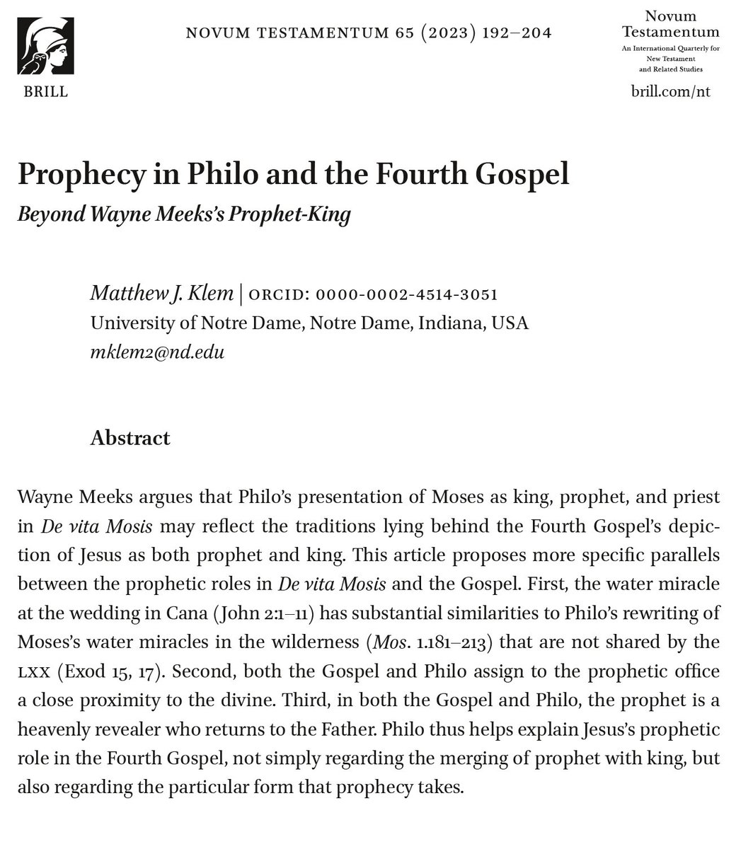 My article in the new issue of Novum Testament is dedicated to the memory of Wayne A. Meeks, building on his seminal book The Prophet-King doi.org/10.1163/156853…