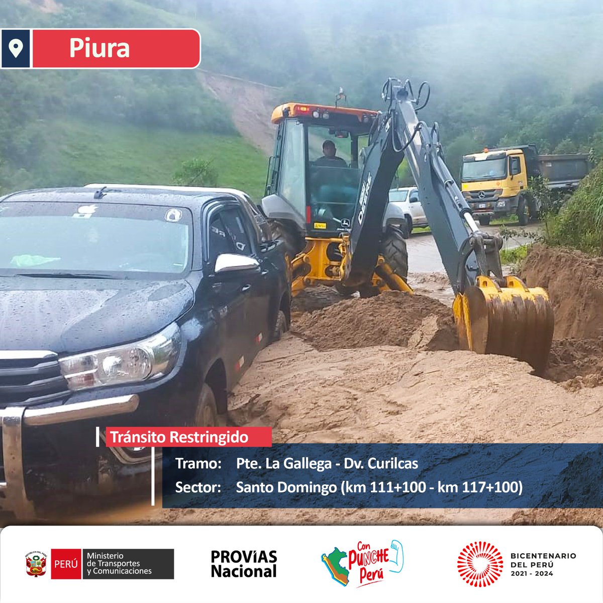 ProviasNac_Peru's tweet photo. #PIURA ¡Se realizan trabajos de atención de emergencia!
📢Se reporta derrumbe en el sector Santo Domingo (km 111+100- KM 117+100).
🚜En la zona se realizan trabajos de remoción de material que obstruye la vía.
¡Precaución! Tránsito restringido.
#MTContigo #pvntrabajando https://t.co/a3iNvUXXDR