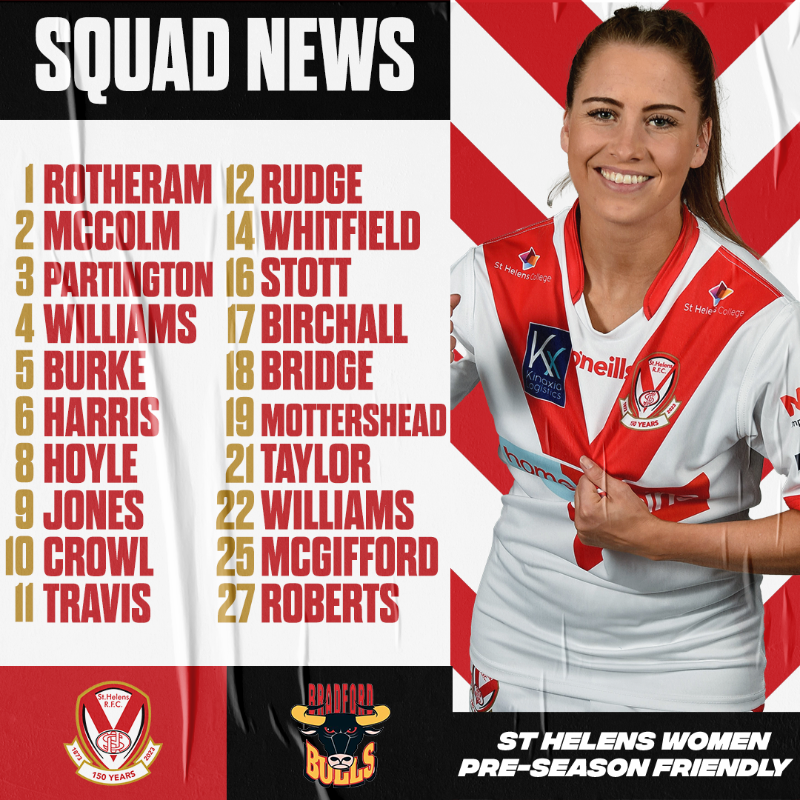 🔴⚪️ 𝐒𝐐𝐔𝐀𝐃 𝐍𝐄𝐖𝐒! 🔴⚪️ 

Matty Smith has named a 20-woman squad for our pre-season friendly against <a href="/OfficialBullsRL/">Bradford Bulls</a> on Sunday afternoon at <a href="/ThattoRugby/">Thatto Heath Crusaders</a>!

#COYS | #HistoryInTheMaking