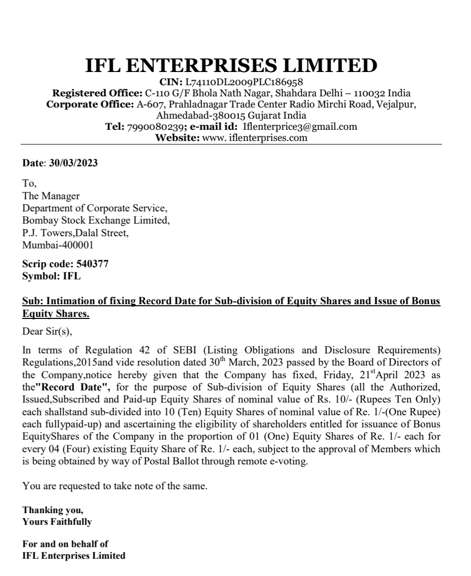 IFL Enterprises Limited fixes April 21, 2023 as record date for stock split, bonus issue

#IFLEnterprises  #RecordDate #StockSplit #BonusIssue