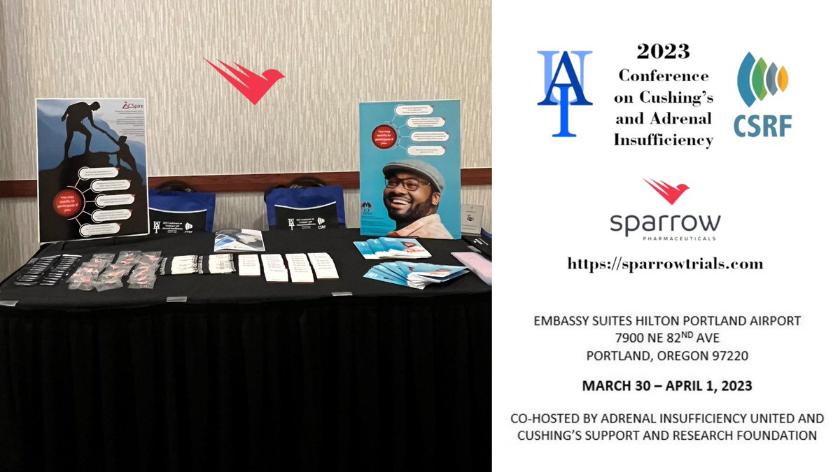 sparrowpharma's tweet photo. Sparrow is proud to be a sponsor at the joint CSRF/AIU conference. Come see us for more information on our Phase II clinical studies in Cushing’s and ACS! #cushings #csrf https://t.co/Wbf4OoDIdB