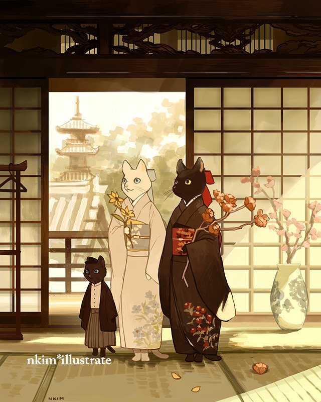 umbrella japanese clothes kimono oil-paper umbrella cat sash obi  illustration images