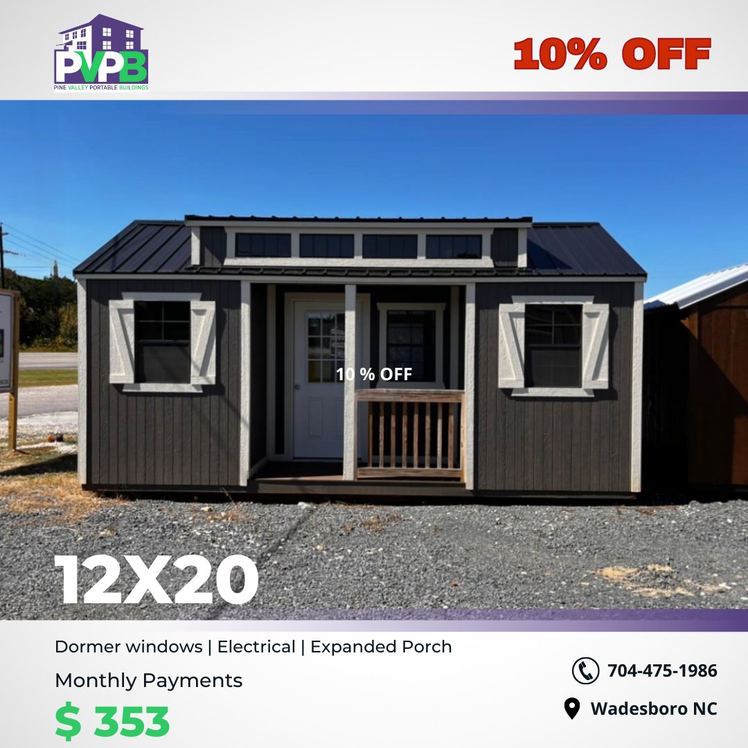 PVPB_Portable's tweet photo. It's your last chance to save big on our 12x20 building with dormer windows, electrical-expanded and porch! Get 10% off now and pay only $353 a month. Don't wait, this sale ends tomorrow!🔗https://t.co/oaKbYQw4Gc
🌲#WadesboroNC
☎️ 704-475-1986

#sales

#sale https://t.co/BGqz78m8Oy
