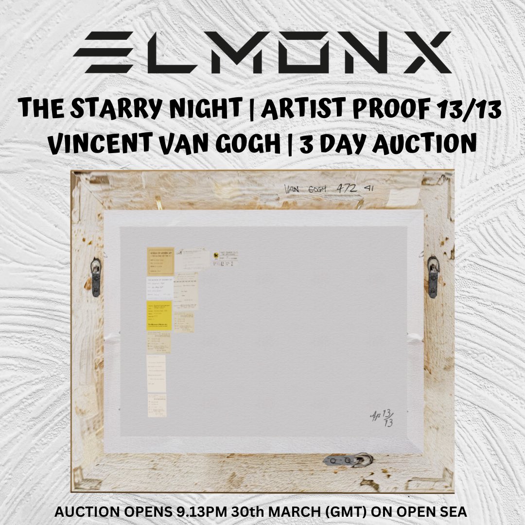 Due to one AP edition not being claimed in the public sale raffle, it is now up for auction on <a href="/opensea/">OpenSea</a> 🌊 

No reserve, 0.005 ETH start price 🤯

Inc <a href="/infiniteobjects/">Infinite Objects</a> digital screen 📺

Official Auction Link: opensea.io/assets/ethereu… ⚡️

#ElmonX #TheStarryNight
