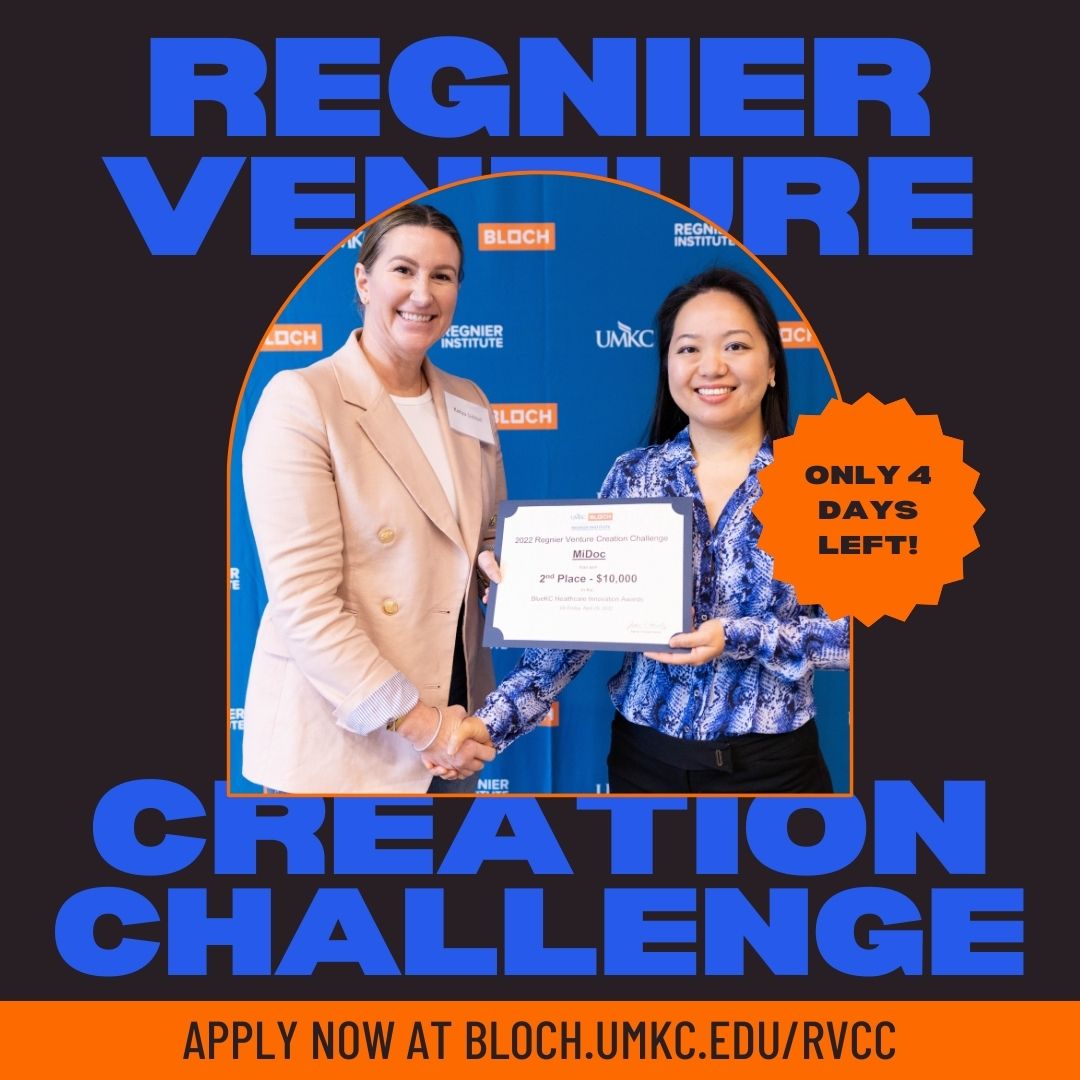 ❗️The Regnier College Startup Award, Blue KC Healthcare Innovation Award, and James & Rae Block KC Startup Awards are open to students for 4 more days.

➡️Apply by April 2nd, 2023 at bloch.umkc.edu/RVCC 

#startupkc #entrepreneurship #startuppitchcompetition #rooup