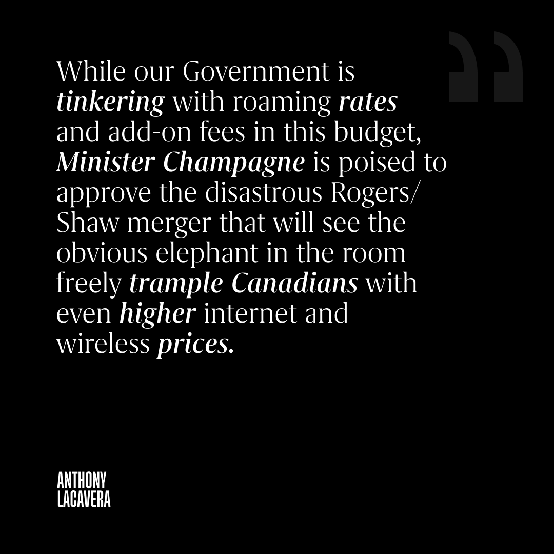AnthonyLacavera's tweet image. While our Government is tinkering with roaming rates and add-on fees in this budget, Minister Champagne is poised to approve the disastrous Rogers/Shaw merger that will see the obvious elephant in the room freely trample Canadians with even higher budget.canada.ca/2023/home-accu……