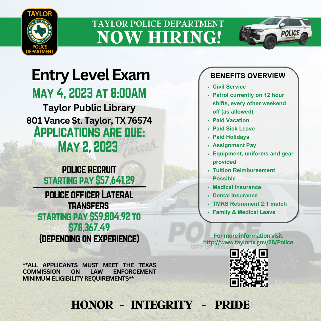 Taylor_PD_TX's tweet photo. Taylor PD is now hiring! See below for information. https://t.co/kQQnjY3LrN