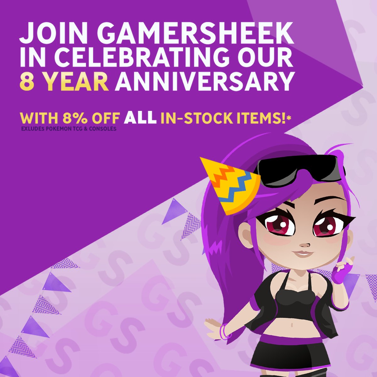 Celebrate #Gamersheeks 8th Birthday with an 8% discount off all in-stock items both in store and online!
Every in-store purchase will be given a raffle ticket and also online purchases will be entered to be in with winning prizes!
*discount goes live tonight at midnight for 24hrs