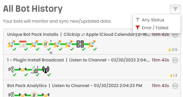 zzBotsOfficial's tweet photo. We just added the ability to view "All Bot History" for a combined view of all your bots.

Also, you can now filter your Bot History to easily see any that have had errors. https://t.co/uETmkut3Bm