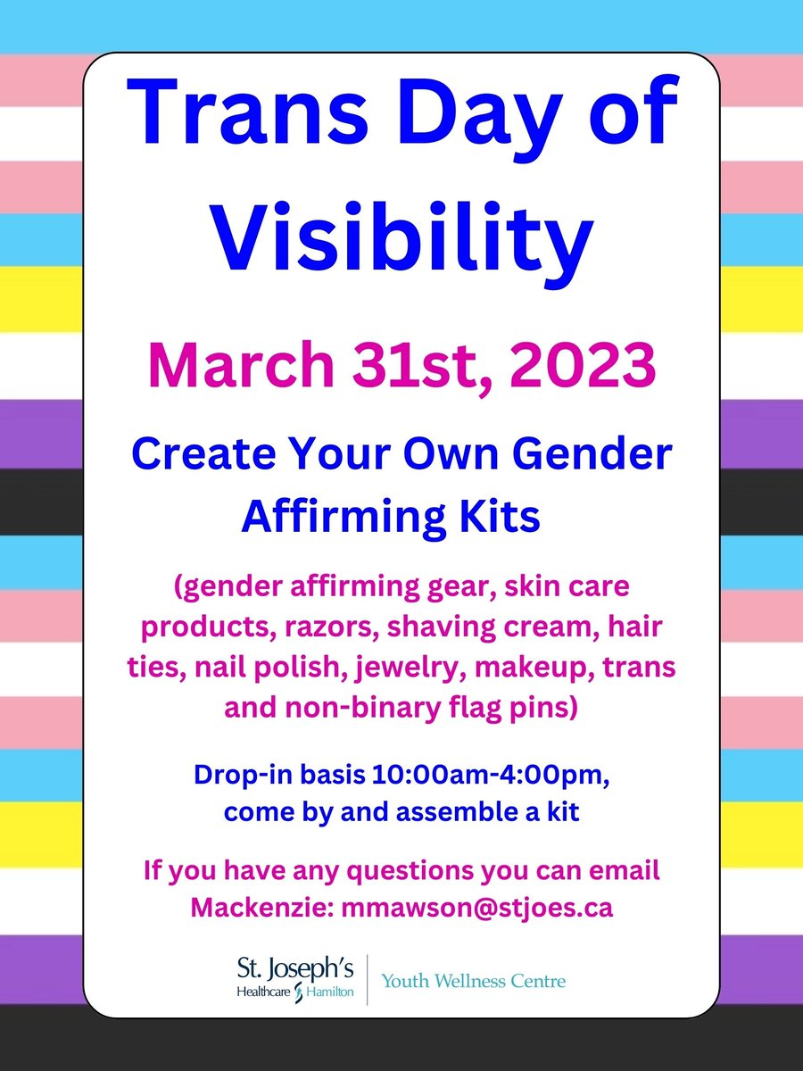 The Youth Wellness Centre (@ReachOutHam) is going bigger and better for this year’s #TransgenderDayOfVisibility! Drop-in from 10:00 a.m. to 4:00 p.m. to create your own gender affirming kits. Details 👇 #TDOV #TransPeopleBelong