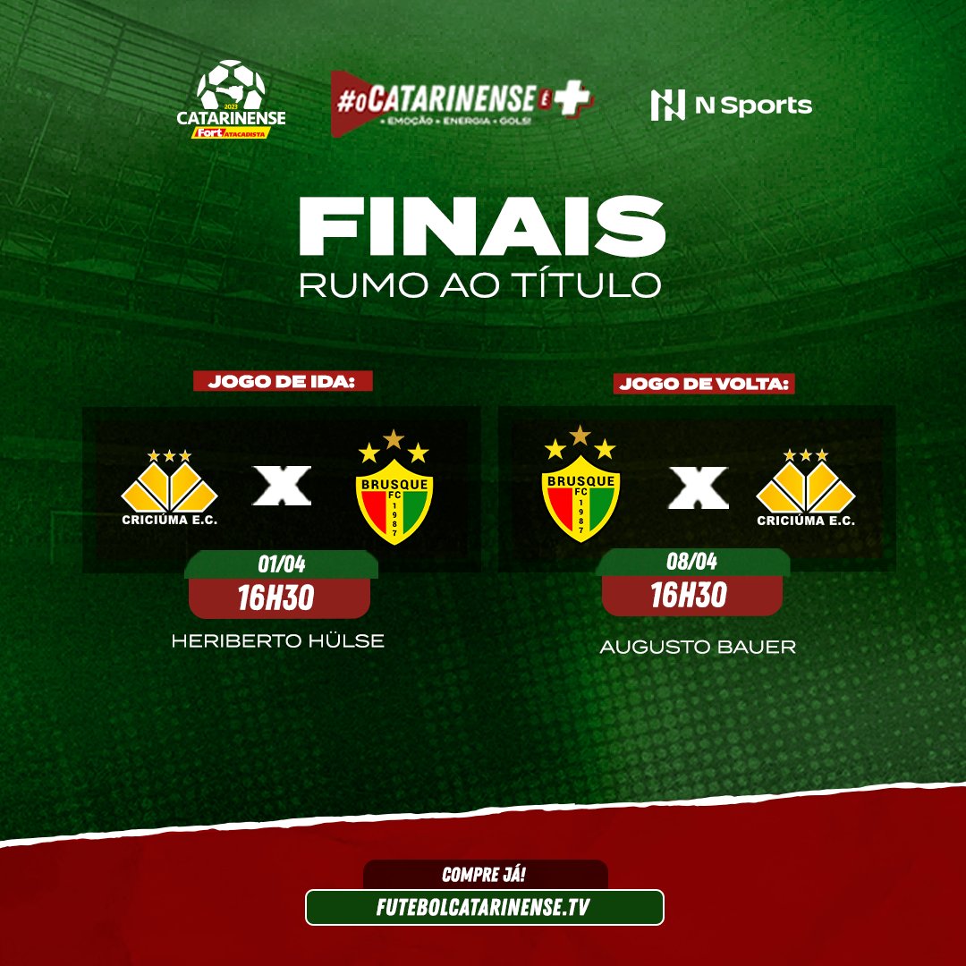 RUMO AO TÍTULO 🏆⚽

Neste sábado, <a href="/CriciumaEC/">Criciúma E.C. 🐯</a> ou <a href="/Brusqueoficial/">Brusque FC</a> darão um passo importante em busca da taça do #Catarinense2023!

QUEM SERÁ O CAMPEÃO?

#FutebolCatarinense