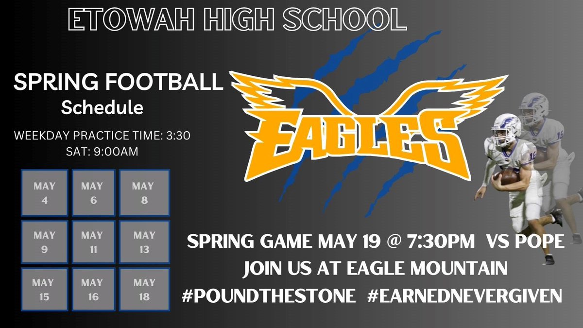 College coaches,
<a href="/etowahfootball/">Etowah Eagles Football</a> Spring dates are set on Eagle Mountain! Come on by. We have student-athletes at all levels wit great grades and high character. <a href="/EtowahStrength/">Etowah Strength</a> <a href="/Etowah_Recruits/">Etowah FB Recruits</a> <a href="/XarviaSmith/">Xarvia Smith</a> <a href="/EtowahHS/">Etowah High School</a> #TEAM47 #POUNDTHESTONE