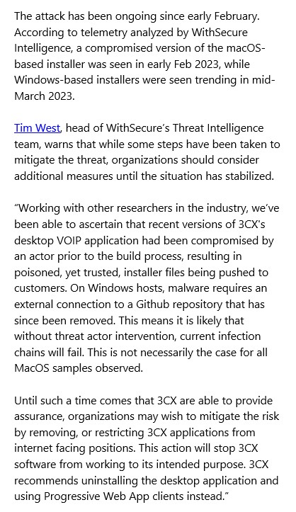 Researchers are warning organizations about a recently uncovered supply chain attack.

The #cyberattack impacts a 3CX VOIP app &amp; affects organizations around the world. 

WithSecure Intelligence researchers have observed affected organizations in France, the UK, the US and more.